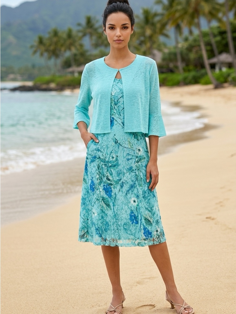 Perceptions Aqua Floral Cover-Up Dress with Cropped Cardigan